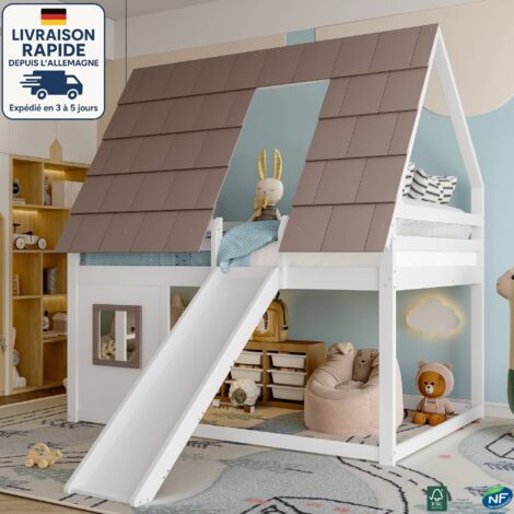 MODFU - Cama alta infantil 140x200 cm con tobogán, cama alta, diseño de casa, sin colchón, MDF, blanco