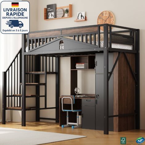 MODFU - Cama alta infantil de metal 90x200cm con escalera, somier de láminas, protección anticaídas, sin colchón, color negro