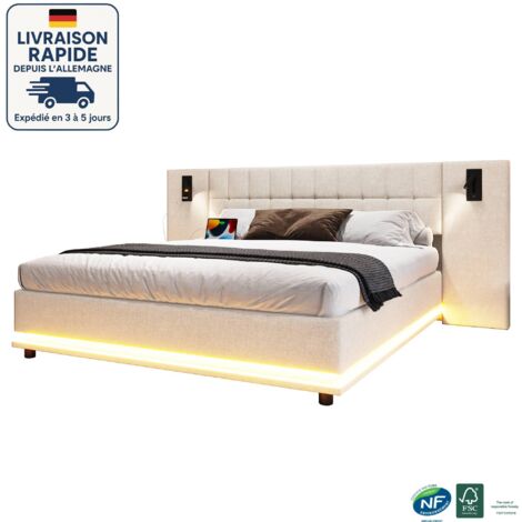 Cama doble tapizada 180x200 - Cabecero con foco - Cabecero atmosférico - Tiras de luz LED - Puertos y enchufes USB - Somier de láminas - Lino - Beige