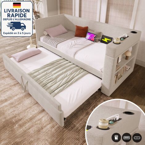 MODFU - Sofá cama infantil 90×180/190cm con cama nido, USB + Tipo C, almacenaje abierto, somier de láminas, sin colchón, lino, beige