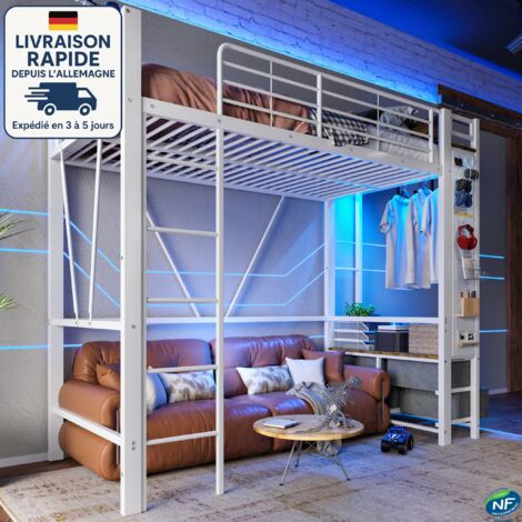 MODFU - Cama alta infantil metálica 90x200cm con LED, USB+tipo C, sin colchón, anticaída, con 4 cajones, color blanco