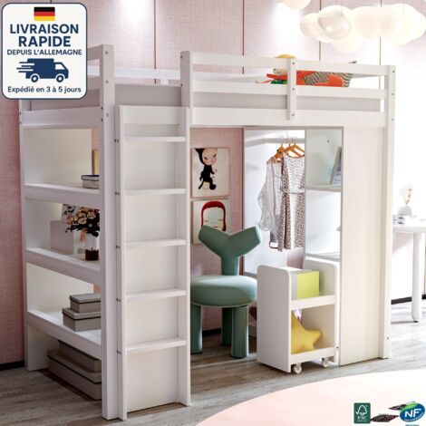 MODFU - Cama alta infantil de madera 90x200cm con 3 estantes, 1 carro extraíble + 1 armario, sin colchón, anticaída, color blanco (1/5)