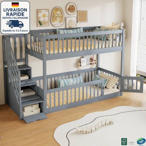 MODFU - Cama infantil de madera 90×200cm 2 personas, litera con escalera de almacenaje, cama individual, anticaída, sin colchón, color gris