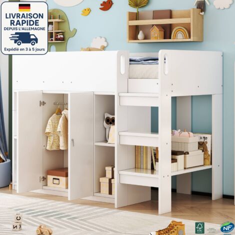 MODFU - Cama infantil 90×200cm con armario y estanterías, entrepiso, anticaída, sin colchón, pino, blanco