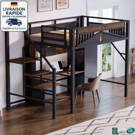 MODFU - Cama alta infantil de metal 140x200cm con escalera, somier de láminas, protección anticaídas, sin colchón, color negro