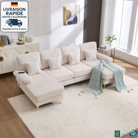 MODFU - Sofá esquinero de 4 plazas con 4 cojines, LED, forma de U, puerto USB, tela de pana, 265×135×88 cm, beige