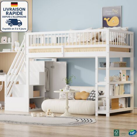 MODFU - Cama alta infantil de madera 90x200cm con almacenaje, 4 estantes, 1 armario, escalera de almacenaje, sin colchón, color blanco