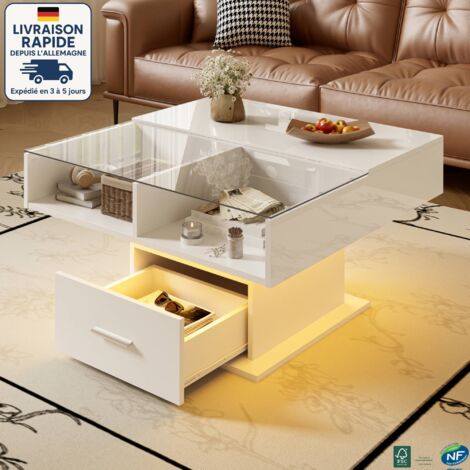 MODFU - Mesa de centro elevable con LED y espacio de almacenamiento, 1 cajón, mesa auxiliar para sofá, superficie brillante, 78×78×45 cm, blanco