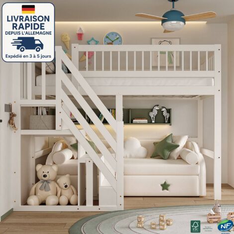 MODFU - Cama alta infantil 90×200cm, individual, con escalera de almacenaje, pino, anticaída, sin colchón, color blanco