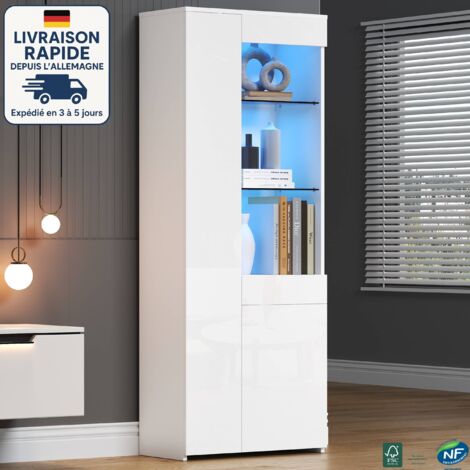 MODFU - Vitrina LED blanca 180cm, mueble alto brillo, capacidad de carga 45 kg, 2 puertas 1 cajón, 2 estantes de cristal
