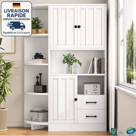 MODFU - Aparador blanco con 2 cajones y 3 puertas con almacenaje abierto, vitrina, mueble alto para salón y cocina, 104x35x155 cm (1/5)