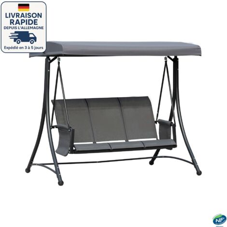 MODFU - Silla de jardín gris de 3 plazas con toldo, mobiliario de jardín, estructura de metal, 196x128x172 cm (1/5)
