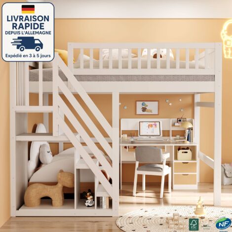 MODFU - Cama alta para adultos 140×200 cm, cama infantil, con escalera, pino, anticaídas, sin colchón, color blanco