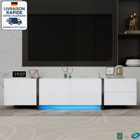 MODFU - Mueble TV LED con 3 puertas y 1 cajón, mueble bajo para salón o dormitorio, 170×30×39 cm, blanco