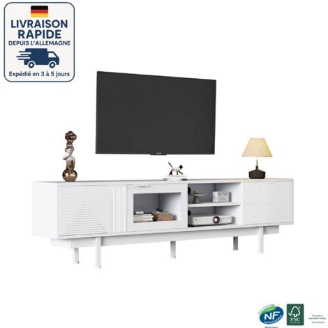 Mueble de TV de 200 cm - Sencillez moderna - 2 puertas 2 cajones - 2 estantes semiabiertos en el medio - Para TV de 80" - Blanco