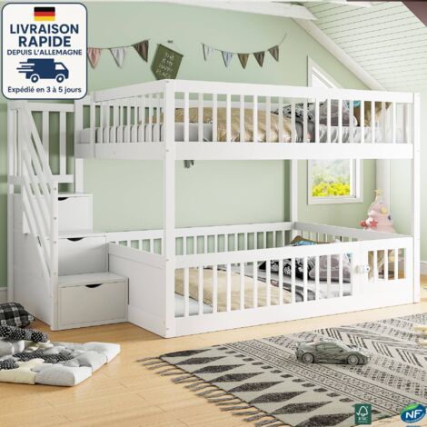 MODFU - Cama infantil de madera 140×200cm para 2 personas, litera para adultos con escalera de almacenaje, cama individual, anticaída, sin colchón, color blanco