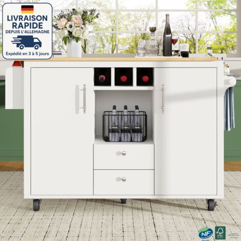 MODFU - Carrito de cocina con ruedas, 2 puertas, 2 cajones con mesa plegable, mueble de almacenaje para salón, MDF, blanco (1/5)