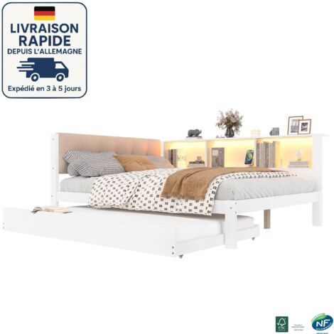 MODFU - Sofá cama LED 140x200/90x190cm con cama nido, cama adulto, cabecero tapizado, 3 baldas, sin colchón, pino, blanco