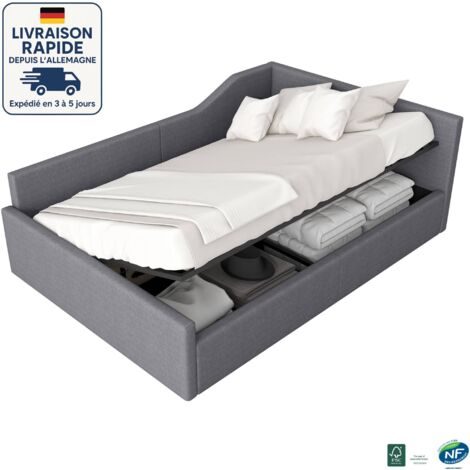 MODFU - Cama abatible para adultos 140x200cm, sofá cama, hidráulico, somier tapizado, sin colchón, lino, gris