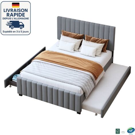 MODFU - Cama adulto 90/140x190cm con cama nido, 2 cajones, somier tapizado, sin colchón, terciopelo, gris