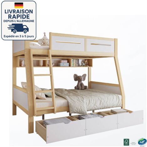 Litera de 90 x 200 cm y 120 x 200 cm - Cama infantil - Tres cajones con ruedas, estantería de 2 m para libros ilustrados, valla de seguridad de cuatro lados y escalera - Madera con certificación PEFC