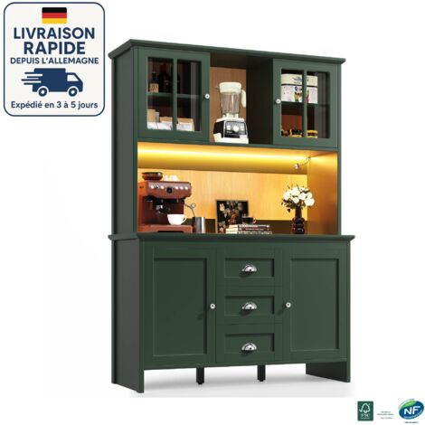 Aparador de 4 puertas y 3 cajones - 120 x 40 x 179 cm - Mueble de cocina con puertas de cristal e iluminación LED - verde