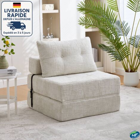 MODFU - Sofá cama de 1 plaza con 1 cojín, tejido chenilla, tapizado para salón/dormitorio, color beige (1/5)