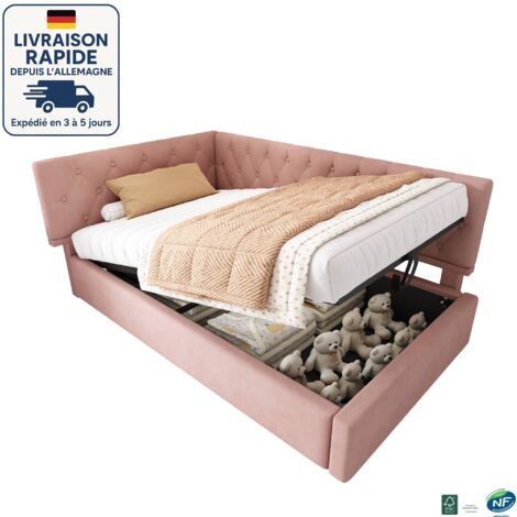 MODFU - Cama canapé infantil 90x190cm, hidráulica, sofá cama tapizado, somier de láminas, sin colchón, terciopelo, rosa