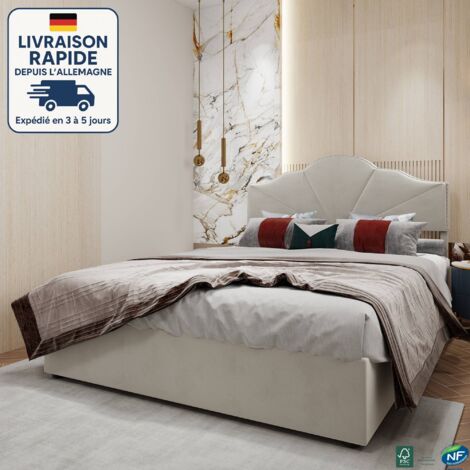 Cama con canapé tapizada 140x200 cm - Cama doble para adultos - Revestida en lana holandesa - capitoné - Minimalista y elegante - Madera con certificación PEFC - Beige