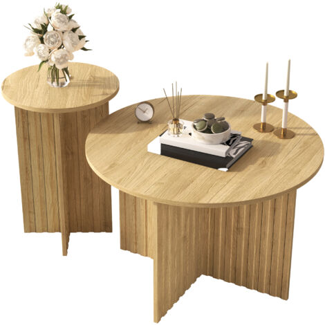 Mesa de centro nido MODFU, mesa auxiliar redonda para salón o dormitorio, 76 x 76 + 40 x 40 cm, MDF, color natural