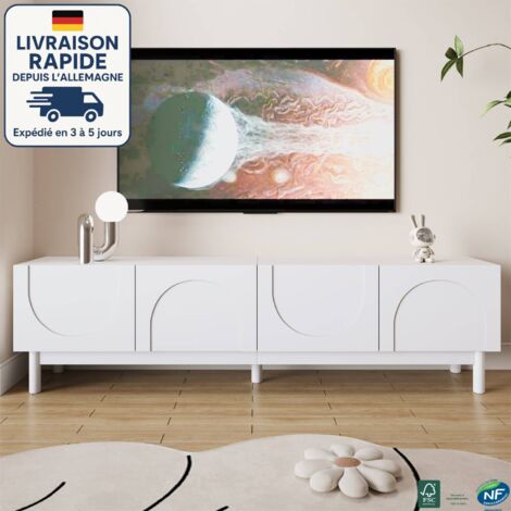 MODFU-Mueble TV de salón con 4 puertas, mueble bajo con patas de apoyo, 169×34×45,5cm, MDF, blanco
