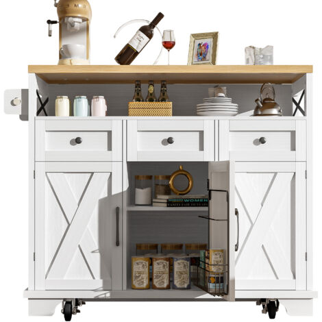 MODFU-Desserte ruletas 118×43/80×98 cm, banco de trabajo plegable, 3 puertas, 3 cajones, con almacenaje abierto, mueble de cocina, MDF, blanco (1/5)