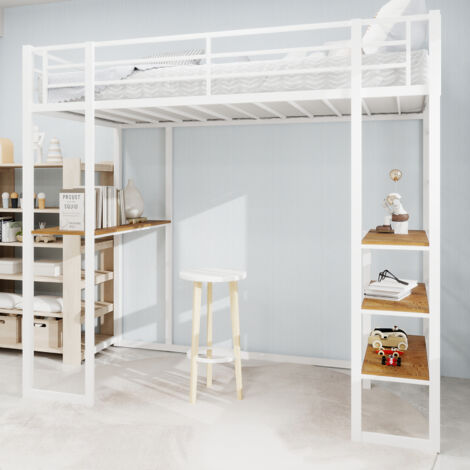 MODFU-Cama alta infantil 90×190cm en metal, cama individual, escritorio y 3 estantes, anticaída, sin colchón, color blanco