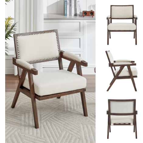 MODFU-Sillón, chaise longue tapizada, respaldo de 105°, relleno de esponja, salón/dormitorio/cocina, patas de madera, lino, beige