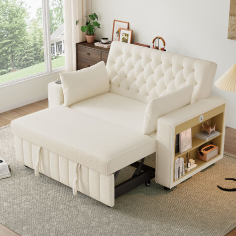 MODFU - Sofá convertible con espacio de almacenamiento, respaldo ajustable en 3 ángulos, portavasos, puerto USB y 2 almohadas, para sala de estar/dormitorio, beige (1/5)