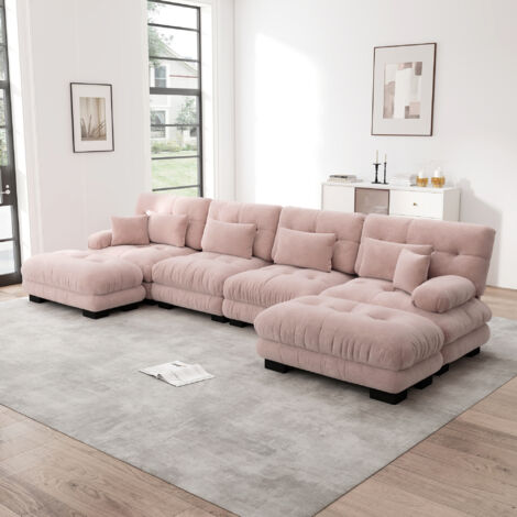 MODFU - Sofá esquinero de 4 plazas con 6 cojines, en forma de U, de chenilla y acolchado de espuma, para salón, 406 x 145 x 81 cm, color rosa