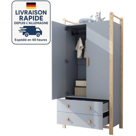 Armario infantil - Armario de dos puertas con barra para colgar ropa y 2 cajones - Madera con certificación PEFC - 90×45×180 cm