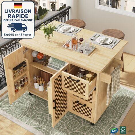Carrito/armario de cocina - Incluye toallero y marco de puerta - Puertas dobles y tres cajones - Diseño de tablero de ajedrez, imitación madera