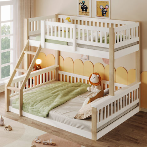 MODFU - Litera infantil, capacidad para 3 personas, 90/140x200cm, cama juvenil con escalera, sin colchón, anticaídas, madera de pino, Blanco + Natural