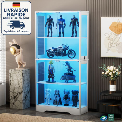 Vitrina de cristal con iluminación LED - Vitrina de 4 niveles y 4 puertas con cerradura, ideal para colecciones, figuras o para el salón - Blanca