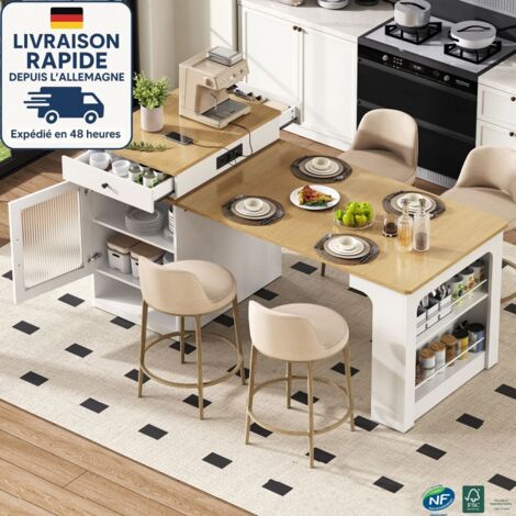 Carrito de cocina - Isla de cocina con ruedas, acabado blanco y natural — mesa extensible extraíble, barra con enchufes integrados, puertas de cristal estriado, amplio espacio de almacenamiento