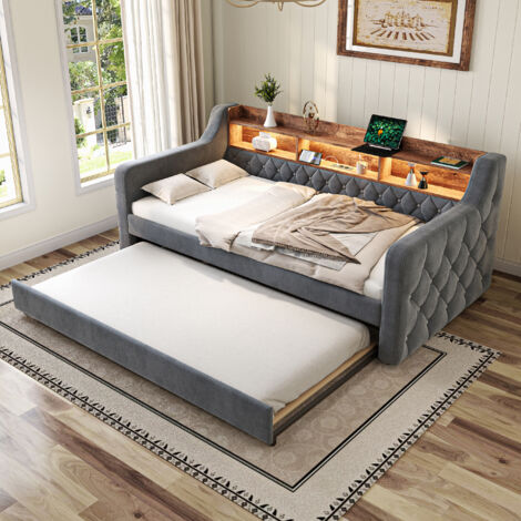 Sofá cama convertible 90x190 cm, cama nido, LED + interfaz USB-C, somier acolchado, colchón no incluido, terciopelo, gris