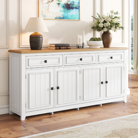 Aparador blanco 160 x 35 x 76 cm, mueble de almacenaje para salón/recibidor, 3 cajones, 4 puertas, MDF con tablero efecto madera (1/5)