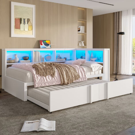 Sofá cama infantil de 90 x 200 cm, cama nido con almacenaje, iluminación LED y puertos USB, metal/MDF, blanco