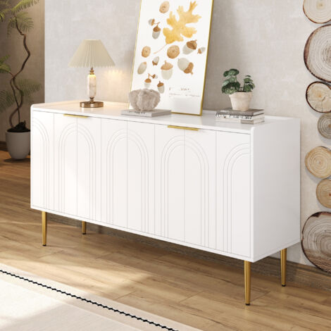 Aparador 140 x 38 x 75 cm, mueble de salón, MDF blanco, patas de metal dorado, 4 puertas (1/5)