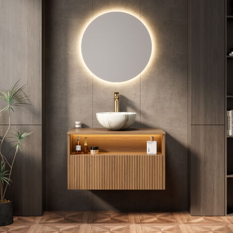 Mueble de lavabo suspendido de 80 cm, lavabo de cerámica con diseño de piedra, frentes de cajones de madera maciza, iluminación LED activada por movimiento, roble marrón/blanco