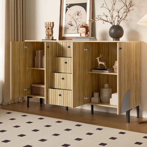 Aparador 160x36x94 cm - 4 puertas y 4 cajones, mueble de almacenaje madera clara, patas negras