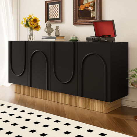 Aparador 160 x 38 x 75 cm, 4 puertas, diseño en forma de U, amplio espacio de almacenamiento, tablero de partículas, negro y madera