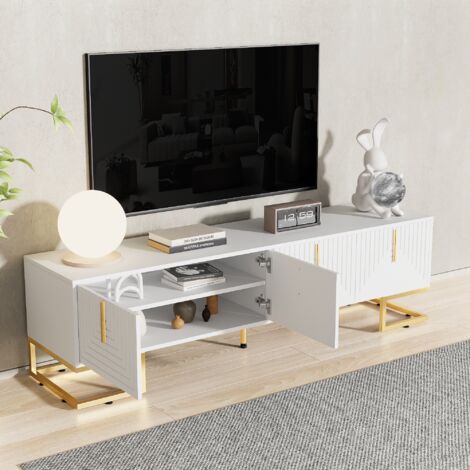 MODFU - Mueble TV 170 x 40 x 45,5 cm, mueble bajo con 4 puertas, aglomerado, blanco/dorado