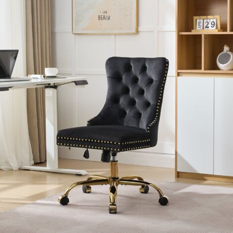 Silla de oficina - Silla de oficina de terciopelo, asiento ancho y profundo, respaldo capitoné, base de metal dorado, color negro